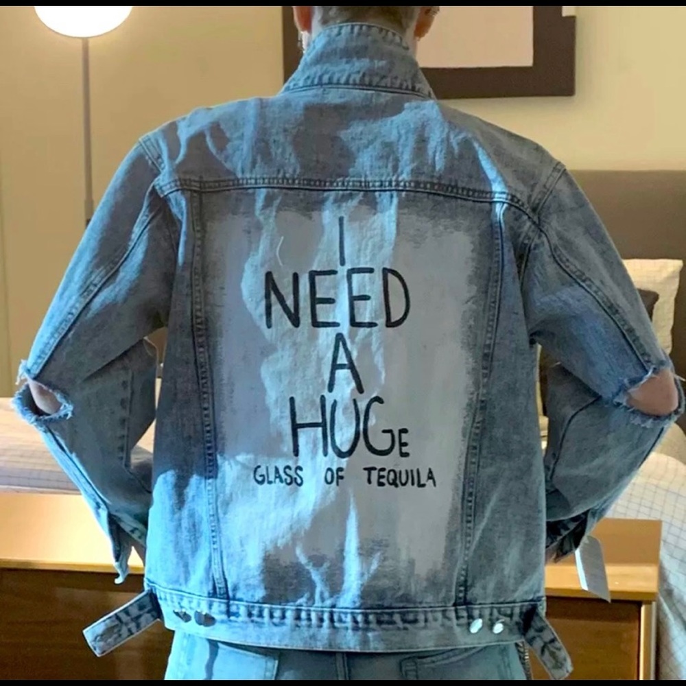 NWT: Wren + Glory Hand Painted Jean Jacket - Light Blue Acid Wash Denim